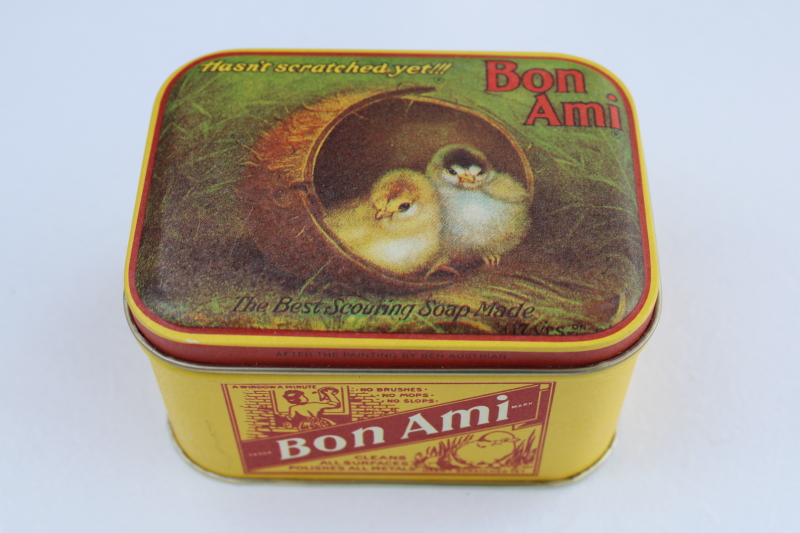 metal tin w/ antique reproduction graphics advertising Bon Ami baby chicks, farmhouse kitchen