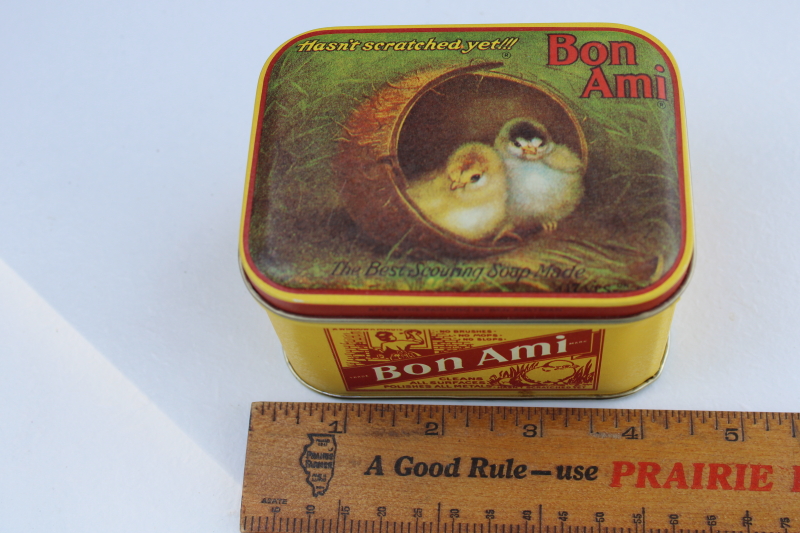 metal tin w/ antique reproduction graphics advertising Bon Ami baby chicks, farmhouse kitchen