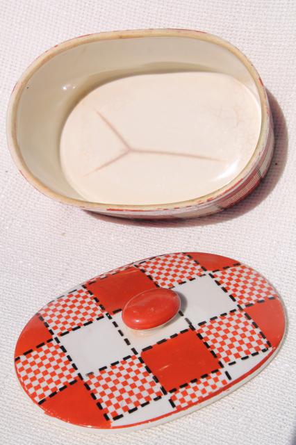 metro retro style red & black checkers kitchen range set, vintage Japan hand painted ceramic