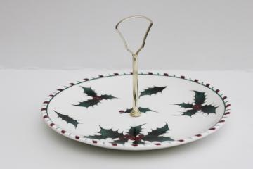 mid-century mod Christmas serving plate, vintage Lefton Holly Candy Cane tray w/ handle
