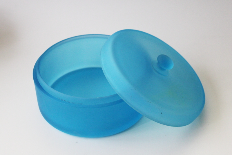 mid-century mod blue mist satin frosted glass round candy dish or powder puff box w/ lid