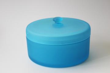 mid-century mod blue mist satin frosted glass round candy dish or powder puff box w/ lid