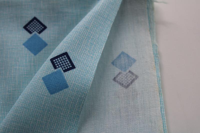 mid-century mod geometric print cotton fabric, aqua crosshatch w/ squares