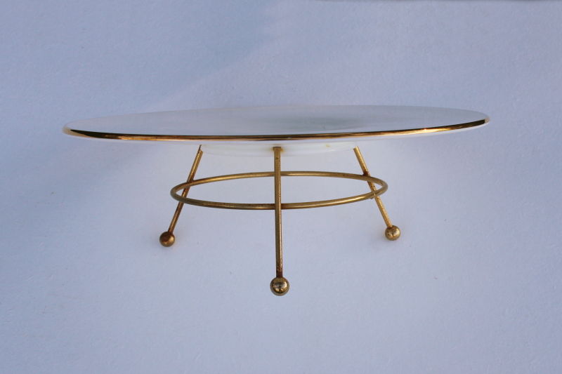 mid-century mod milk glass serving tray or cake plate w/ gold atomic metal stand