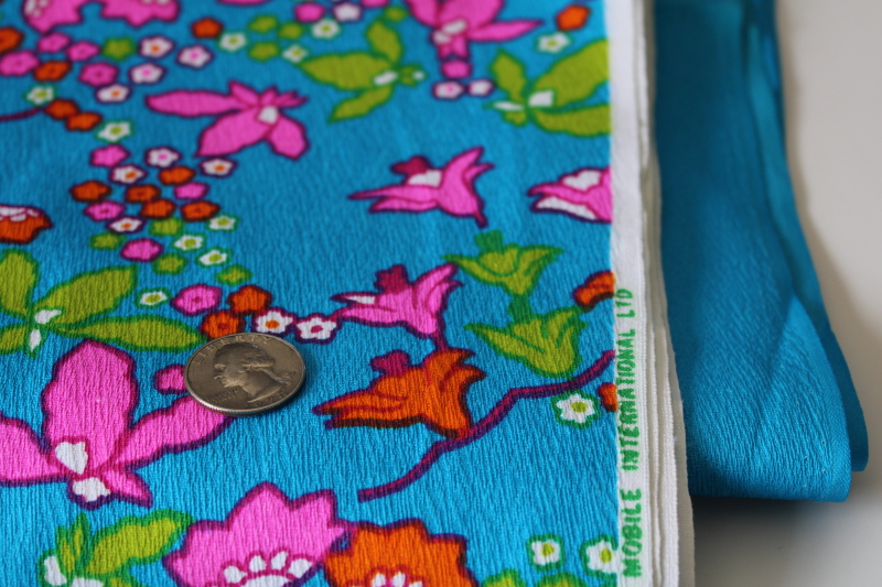 mid-century mod vintage Hawaiian print cotton fabric, pink, orange  aqua blue floral