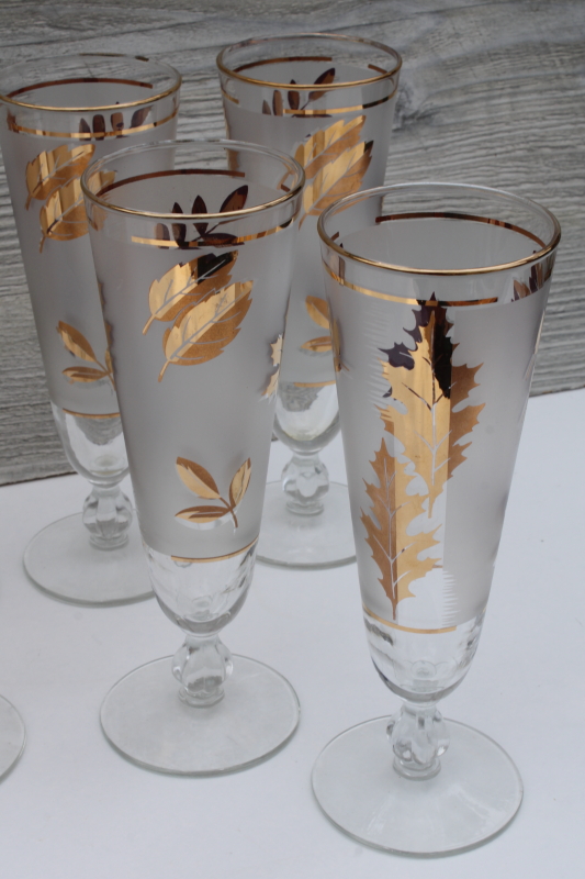 mid century mod vintage Libbey golden foliage glassware, tall pilsner beer glasses set of 8