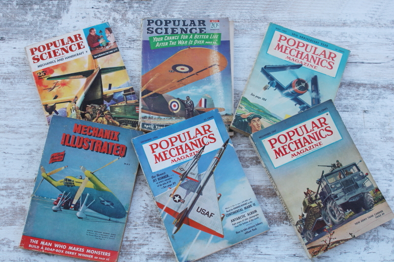 mid-century mod vintage Popular Science Mechanics magazines, retro sci-fi cover art