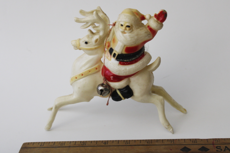 mid-century mod vintage Rosbro hard plastic Christmas Santa riding reindeer
