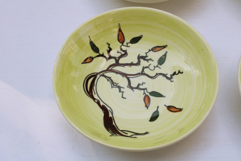 mid century mod vintage USA ceramic bowls, fall leaves w/ haunted tree Brock California pottery