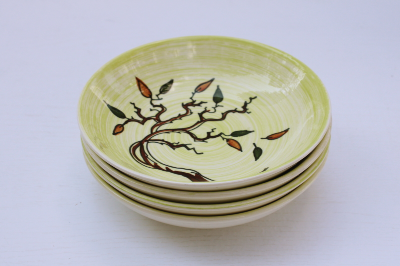 mid century mod vintage USA ceramic bowls, fall leaves w/ haunted tree Brock California pottery