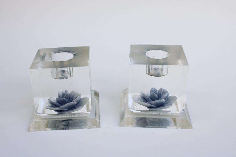 mid-century mod vintage clear lucite acrylic candle holders cubes w/ flowers