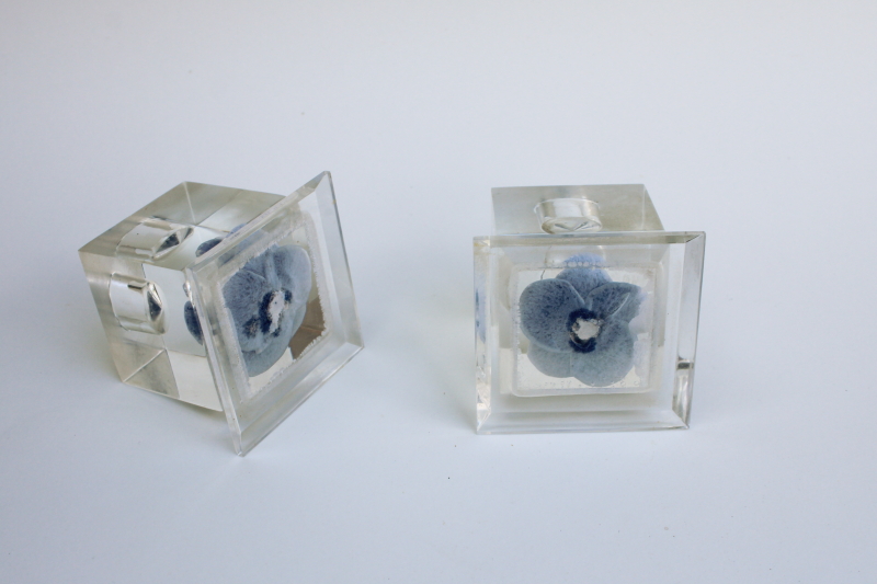 mid-century mod vintage clear lucite acrylic candle holders cubes w/ flowers