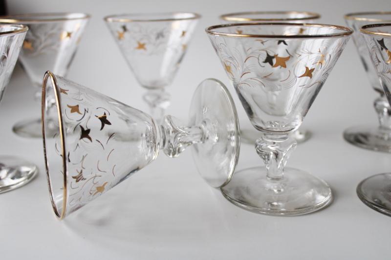mid-century mod vintage cocktail glasses, gold print Royal Fern Libbey stemware