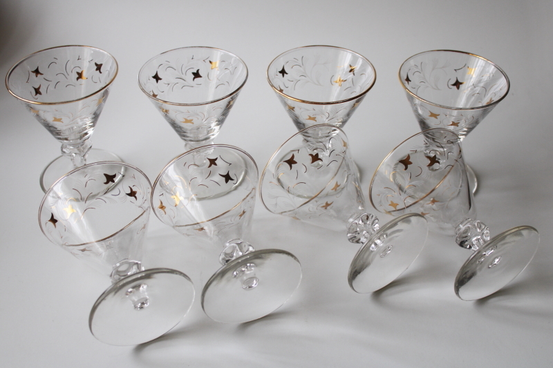 mid-century mod vintage cocktail glasses, gold print Royal Fern Libbey stemware
