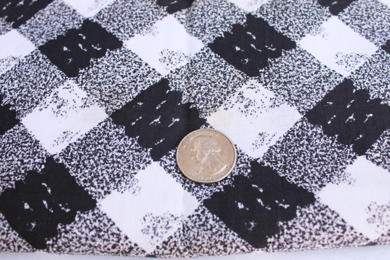 mid-century mod vintage cotton fabric, print gingham black  white buffalo check tweed