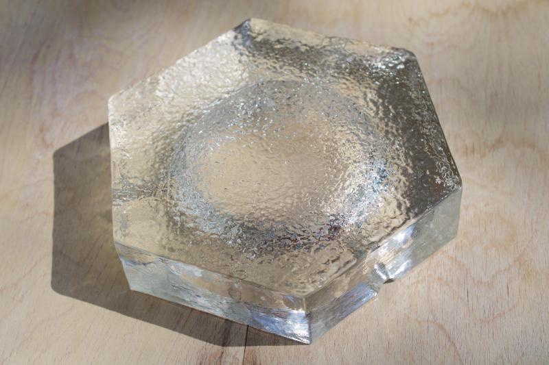 mid century mod vintage huge heavy ice textured glass crystal clear glass ashtray 