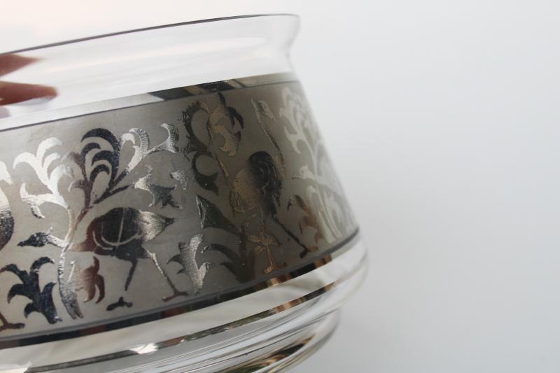 mid century mod vintage silver decorated glass candy dish jar, flamingos or cranes