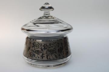 mid century mod vintage silver decorated glass candy dish jar, flamingos or cranes
