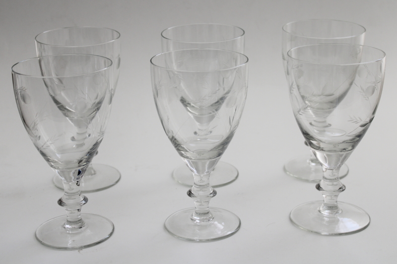 mid-century mod vintage stemware, etched cut water goblets wine glasses cotton or clover blooms
