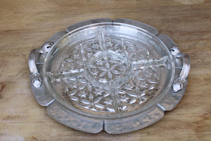 mid century mod vintage wrought aluminum tray w/ glass relish dish divided plate
