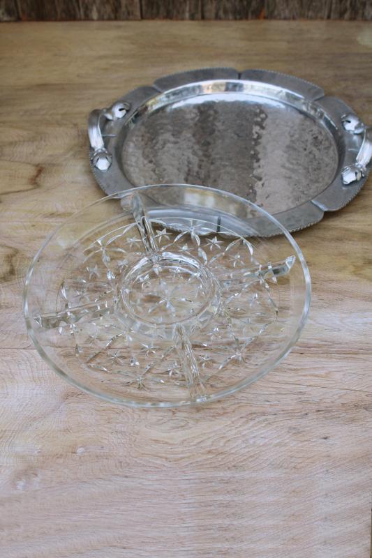mid century mod vintage wrought aluminum tray w/ glass relish dish divided plate
