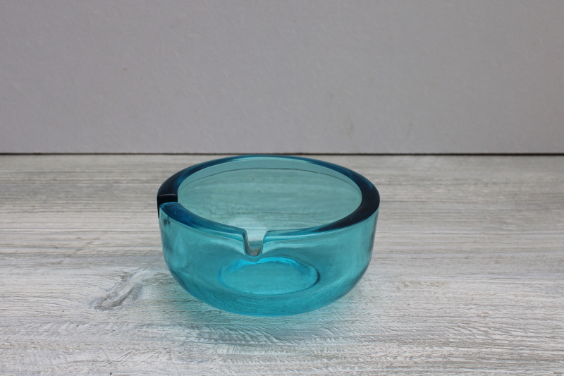 midcentury modern capri blue glass ashtray, retro aqua color 50s 60s