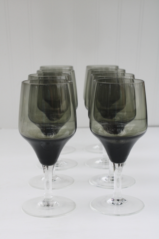 mid century modern clear stem smoke glass water glasses set of 8, vintage Sasaki crystal stemware