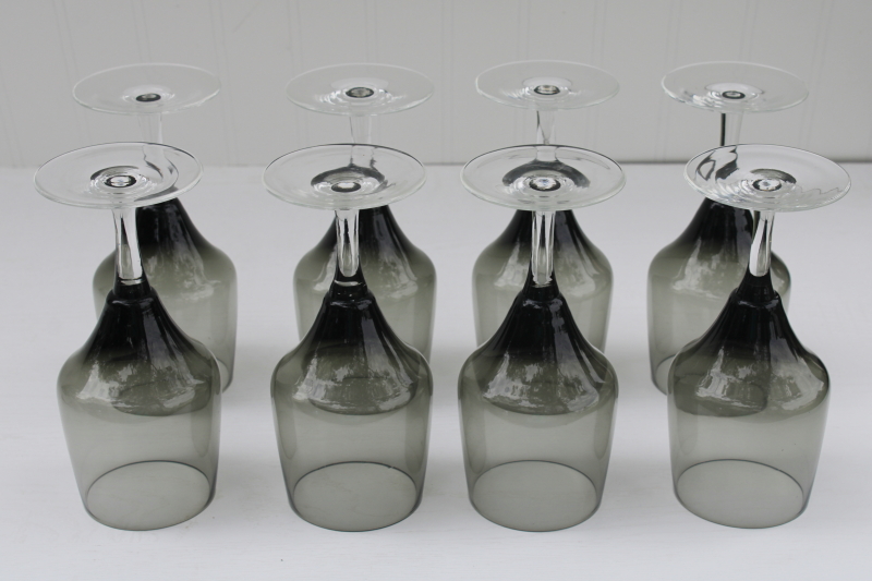 mid century modern clear stem smoke glass water glasses set of 8, vintage Sasaki crystal stemware