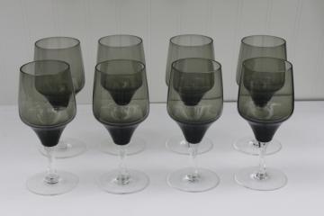 mid century modern clear stem smoke glass water glasses set of 8, vintage Sasaki crystal stemware