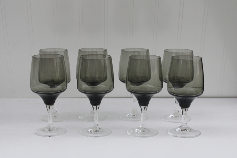 mid century modern clear stem smoke glass wine glasses set of 8, vintage Sasaki crystal stemware