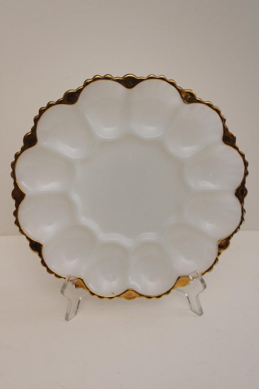 mid-century modern vintage Anchor Hocking white milk glass deviled egg plate