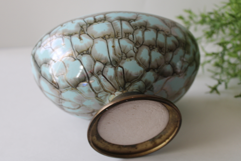 mid-century modern vintage Delft pottery planter w/ brass base, marbled glaze