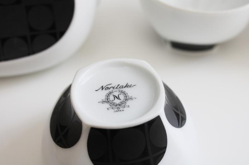 mid century modern vintage Noritake china tea pot and handleless cups mod dots black & white