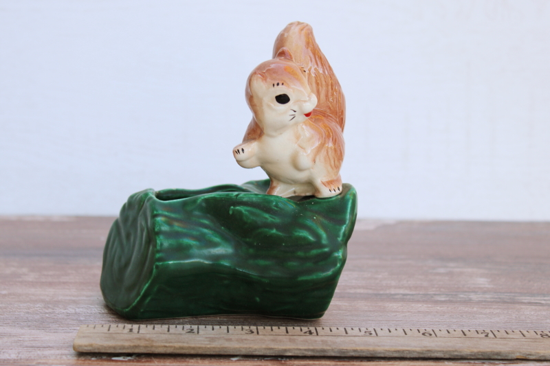 mid century modern vintage USA pottery planter squirrel on log hand painted ceramic