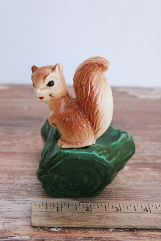mid century modern vintage USA pottery planter squirrel on log hand painted ceramic