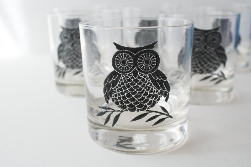 mid-century modern vintage black owl print drinking glasses, West Virginia glass
