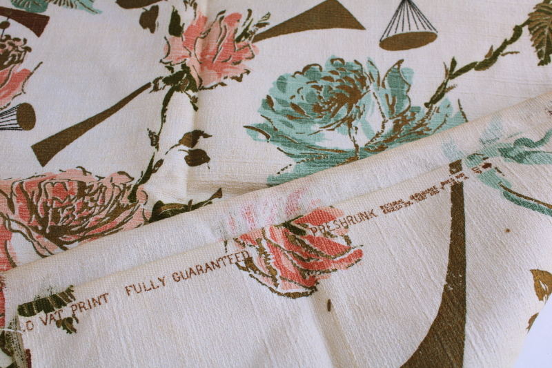 mid-century modern vintage cotton barkcloth fabric, 50s aqua pink roses w/ metallic gold