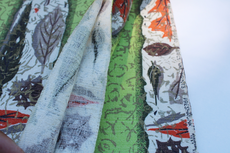 mid-century modern vintage cotton barkcloth fabric, mod stripe leaf print autumn leaves
