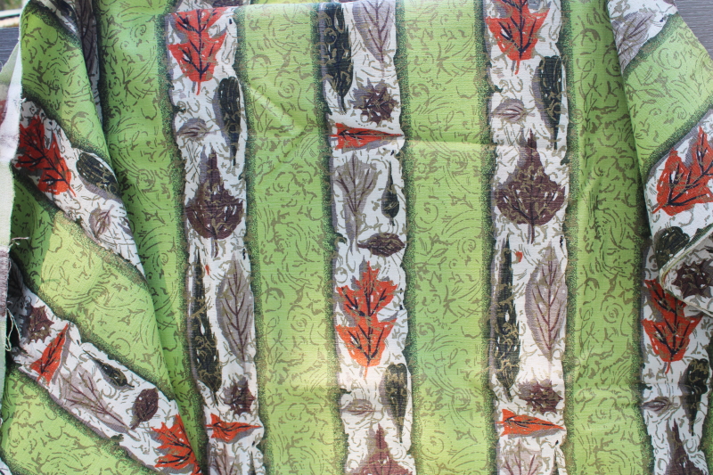 mid-century modern vintage cotton barkcloth fabric, mod stripe leaf print autumn leaves