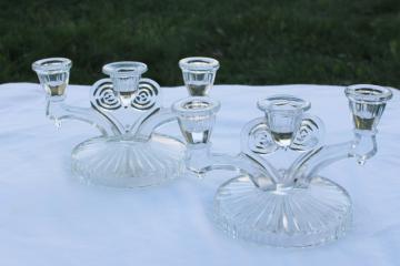 mid-century modern vintage crystal clear glass candelabra, triple candle holders