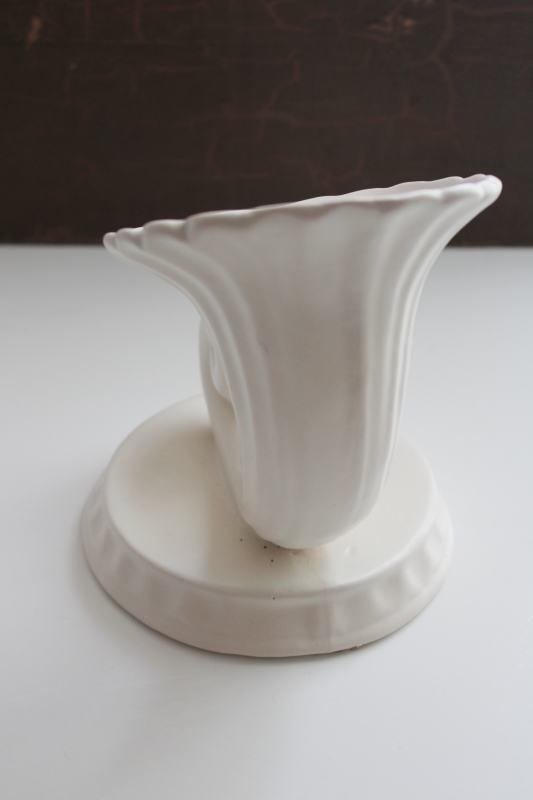 mid century modern vintage matte white pottery vase, horn of plenty cornucopia