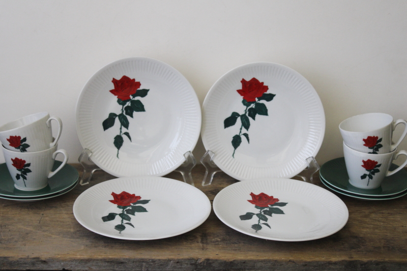mid century modern vintage plates, cups  saucers w/ long stemmed red rose, dessert or tea set china