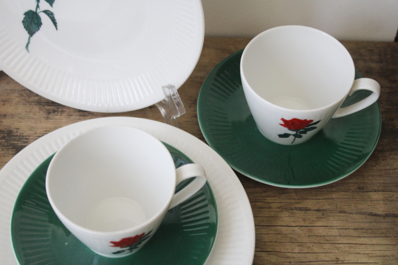 mid century modern vintage plates, cups  saucers w/ long stemmed red rose, dessert or tea set china