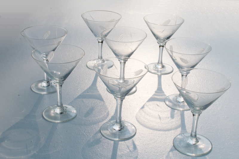 mid century modern vintage stemware, set of 8 cocktail glasses w/ etched wheat pattern