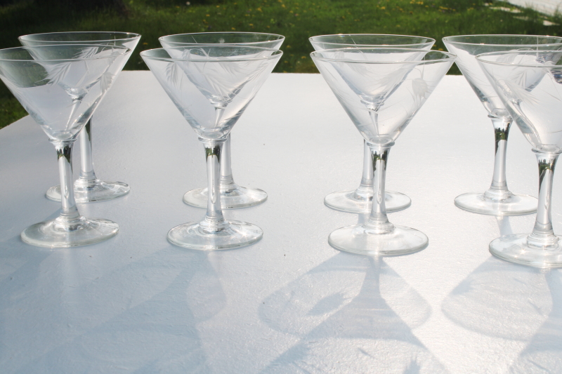 mid century modern vintage stemware, set of 8 cocktail glasses w/ etched wheat pattern