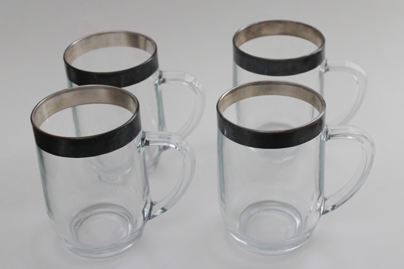 mid-century modern wide silver band glass beer pints steins or mugs, vintage Arcoroc France