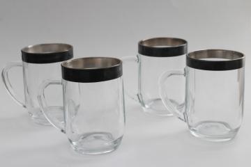 mid-century modern wide silver band glass beer pints steins or mugs, vintage Arcoroc France