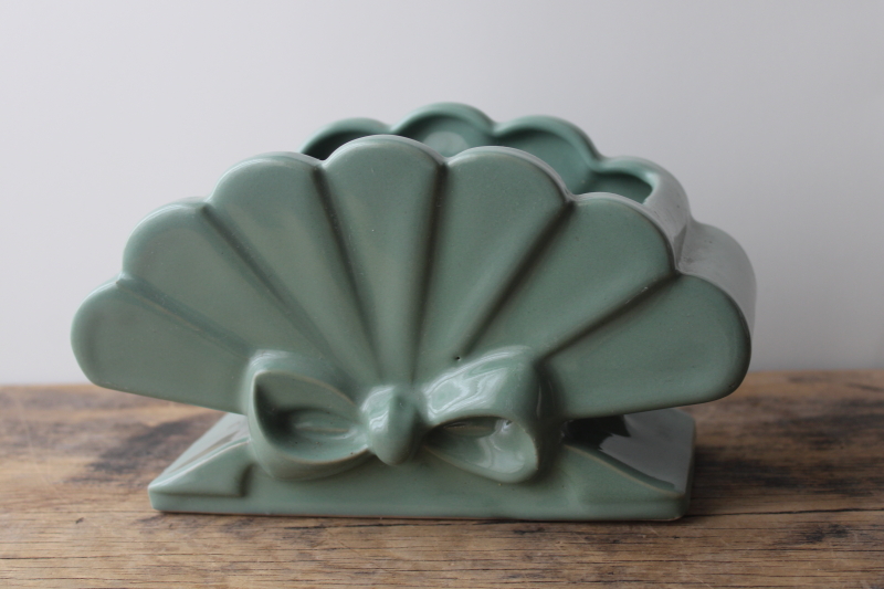 mid-century vintage Abingdon pottery planter, jade green fan shape with bow