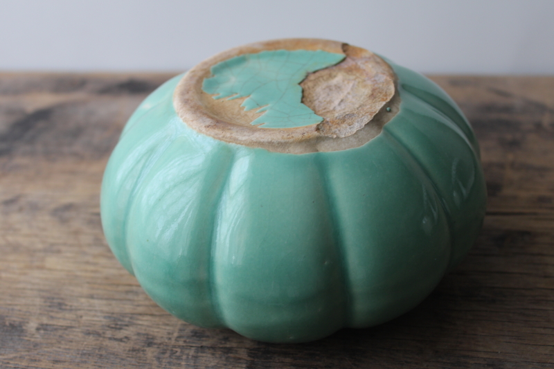 mid-century vintage Brush pottery planter, aqua green turquoise melon shape pot