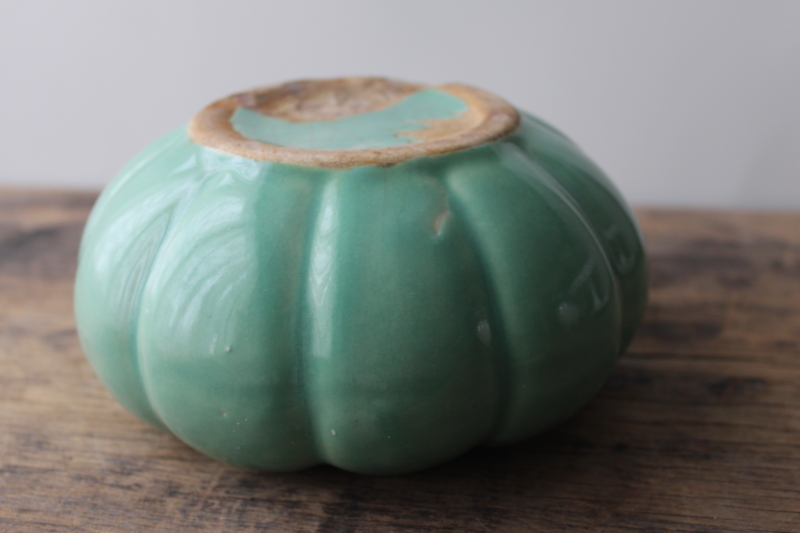 mid-century vintage Brush pottery planter, aqua green turquoise melon shape pot
